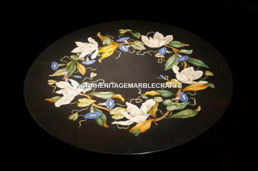 Marble Round Top Marquetry Inlay Hallway Table Top Floral Art Patio Decor H5343