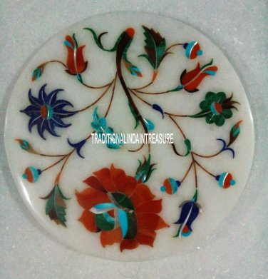 5" White Marble Tile Rare Marquetry Multi Stone Inlay Floral Home Decor