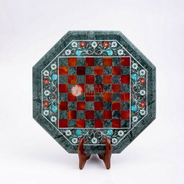 Green Marble Chess Set With Top Wooden Stand Mosaic Stone Art Chess Indoor Game