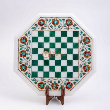 White Handmade Chess Indoor Game With Wooden Stand Malachite Inlaid Mosaic Arts