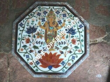 18" Marble White Octagon Center Side Table Top Ganpati Inlay Religious Art H4916