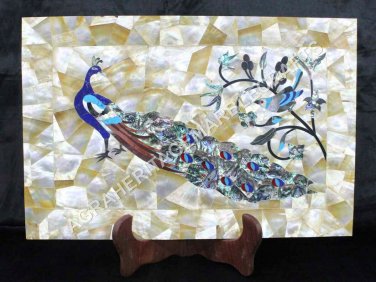 12"x18" Marble Serving Tray Peacock Inlay Art Golden Mother of Pearl Decor E1387
