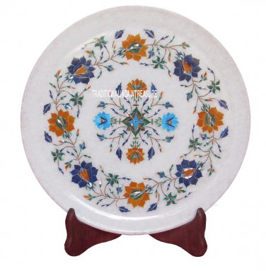 12" White Marble Serving Dish Plate Mosaic Inlay Multi Gems Marquetry Table Art