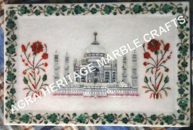 15"x10" Marble White Serving Tray Taj Mahal Malachite Inlay Floral Decor H3413