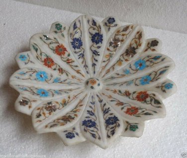 10" White Marble Fruit Bowl Multi Inlay Floral Marquetry Design Kitchen Decor