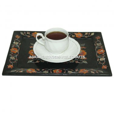9"x6" Black Marble Seving Tray Carnelian Inlay Floral Kitchen Gift Decor E89