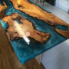 Blue Resin River Live Edge Dining Confrence Center Table Top Natural Wood Decor