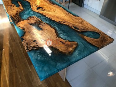 Blue Resin River Live Edge Dining Confrence Center Table Top Natural Wood Decor