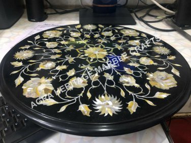 15" Round Marble Black Coffee Center Top Table Abalone Inlay Stone Decor E1261