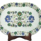15"x9" White Marble Tray Lapis Lazuli Malachite Inlay Handicraft Art Decor H1148