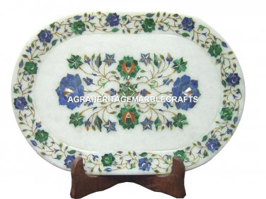 15"x9" White Marble Tray Lapis Lazuli Malachite Inlay Handicraft Art Decor H1148