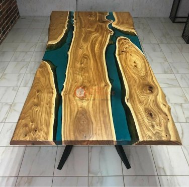 Handmade WoodenWorking Epoxy Resin Blue River Live Edge Art Dining Center Table
