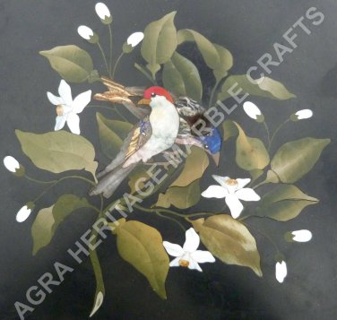 12" Black Marble Side Coffee Table Top Bird Marquetry Inlay Outdoor Decor H4696