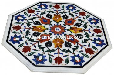 White Marble Coffee Center Table Top Lapis Marquetry Floral Inlay Decor H2981