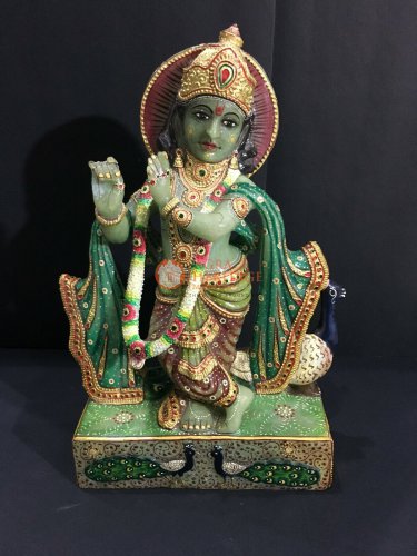 14" Handmade Real Green Pizer Lord Krishna Statue Decorative Wedding Gift Decor