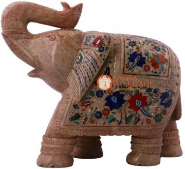 12" Marble Trunk Up Elephant Statue Carnelian Semi Precious Bedroom Decor Gifts