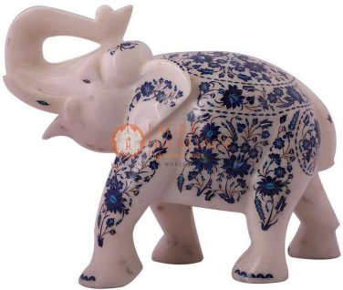 12" White Trunk Up Elephant Lapis Lazuli Stone Floral Design New Year Eve Gifts
