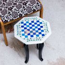Marble White Handmade Chess Inlaid Game Top Table With Stand Lapis Stone Art Top