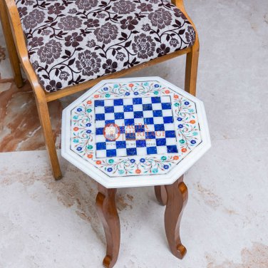 Marble White Chess Set With Stand Top Table Lapis Inlaid Mosaic Art Gift For Her