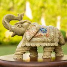 Natural Soapstone Marble Salute Pose Elephant Inlaid Multi Stone Floral Art Deco