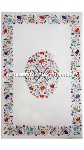 White Marble Dining Table Top Stone Art Inlay Pietradura Garden Art Decor H3084