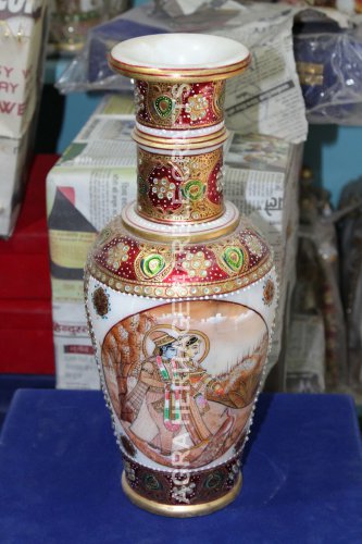 14" Marble Flower Vase Radha krishna Hand Painted Traditional Design Decor H5745