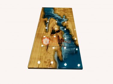 Transparent Blue Epoxy Dining Table Custom Wood Epoxy Furniture Luxury Ocean Art