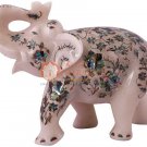 8" White Handmade Elephant Sculpture Pauashell Marquetry Floral Veterans Gifts