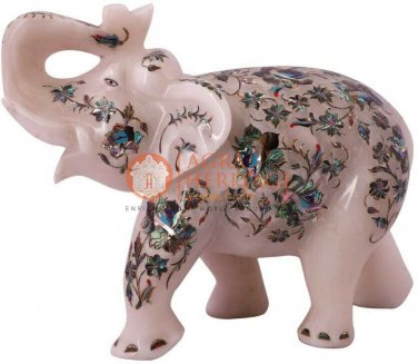 8" White Handmade Elephant Sculpture Pauashell Marquetry Floral Veterans Gifts