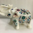 8" White Trunk Up Elephant Sculpture Elephant Lapis Multi Stone Floral Art Gifts
