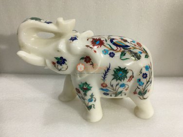 8" White Trunk Up Elephant Sculpture Elephant Lapis Multi Stone Floral Art Gifts