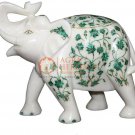 9" Marble Trunk Up Elephant Malachite Floral Fine Stone Christmas Eve Gift Decor