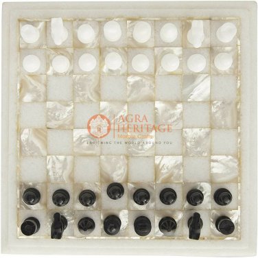 White Marble Chess Set Inlaid Mop Stone Mosaic Designer Table Top Play Room Deco