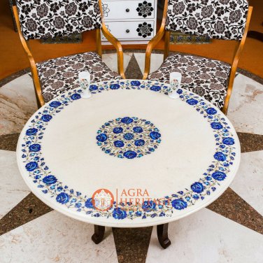 Marble White Top Dining Table Lapis Marquter Floral Inlay Design Hallway Decor