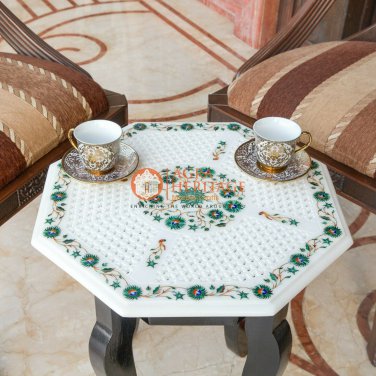 White Marble Handmade Coffee table Top Malachite Filigree Design Living Decor