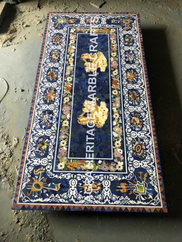 8'x4' Marble Dining Room Table Top Lapis Lazuli Pietra Random Inlay Design E947B