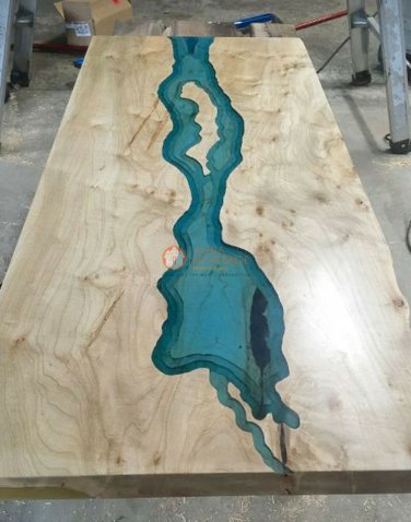 Wooden Custom Coffee Dining Table Top Epoxy Blue Resin River Polished Furniture