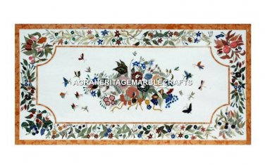 White Marble Dining Table Top Semi Precious Stone Inlay Floral Furniture H3015