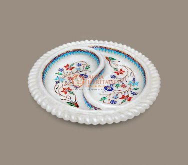 White Marble Handmade Dining Table Decor Fruit Bowl Inlay Double Sided Arts Deco