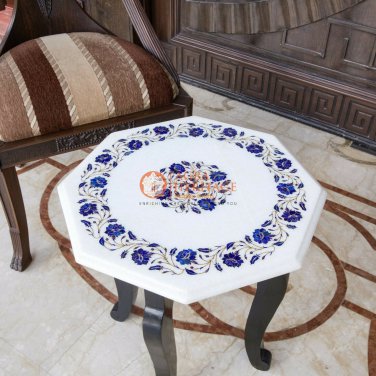 18"x18" Marble White Corridor Table Top Lapis Inlaid Floral Work Home Decor Gift