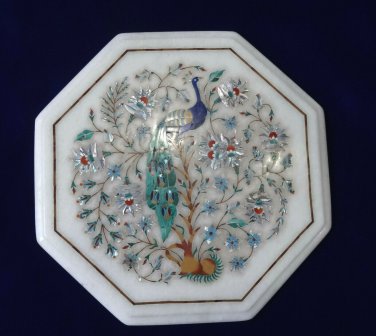 White Marble Coffee Table Top Mother of Pearl Inlay Peacock Art Furniture Decor