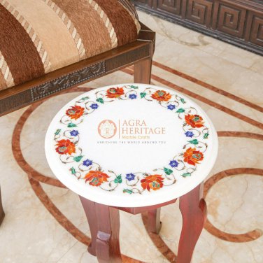 13"x13" Decoration Marble Top Coffee Table Carnelian Marquetry Floral Art Decor