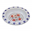 White Marble Lapis Inlaid Floral Semi Precious Art Fruit Storage Bowl Home Decor