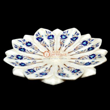 Floral Shape White Marble Fruit Centerpieces Lapis Marquetry Design Decor Gifts
