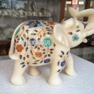 8'' White Marble Elephant Trunk Up Multi Floral Handmade Marquetry Inlay Decor