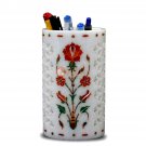 Marble White Handmade Carnelian Maqrutery Floral Design Pen Holder Office Decor