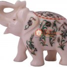 5" Marble Handmade Elephant Sculpture Pauashell Inlaid Floral Veterans Gift Deco