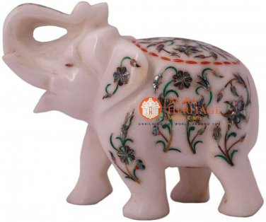 5" Marble Handmade Elephant Sculpture Pauashell Inlaid Floral Veterans Gift Deco
