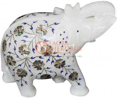 6" Marble Handmade Trunk Up Elephant Statue Pauashell Floral Fine Veterans Gifts