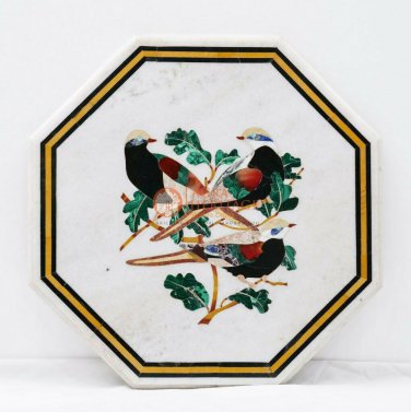 White Marble Coffee Table 21"x21" Semi Precious Birds Inlay Floral Design Decor
